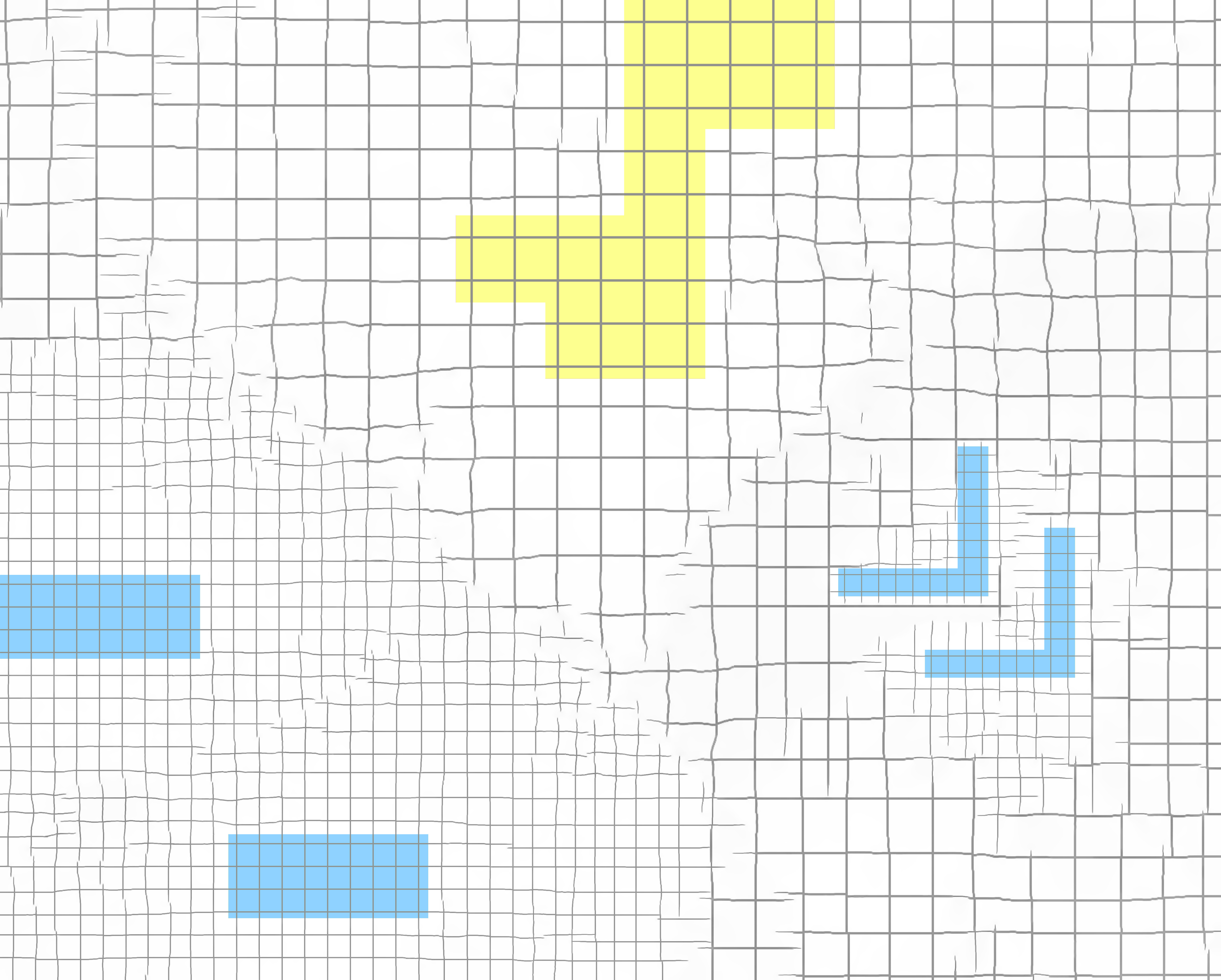 broken grids in charcoal grey cyan and yellow geometric shapes floating inside